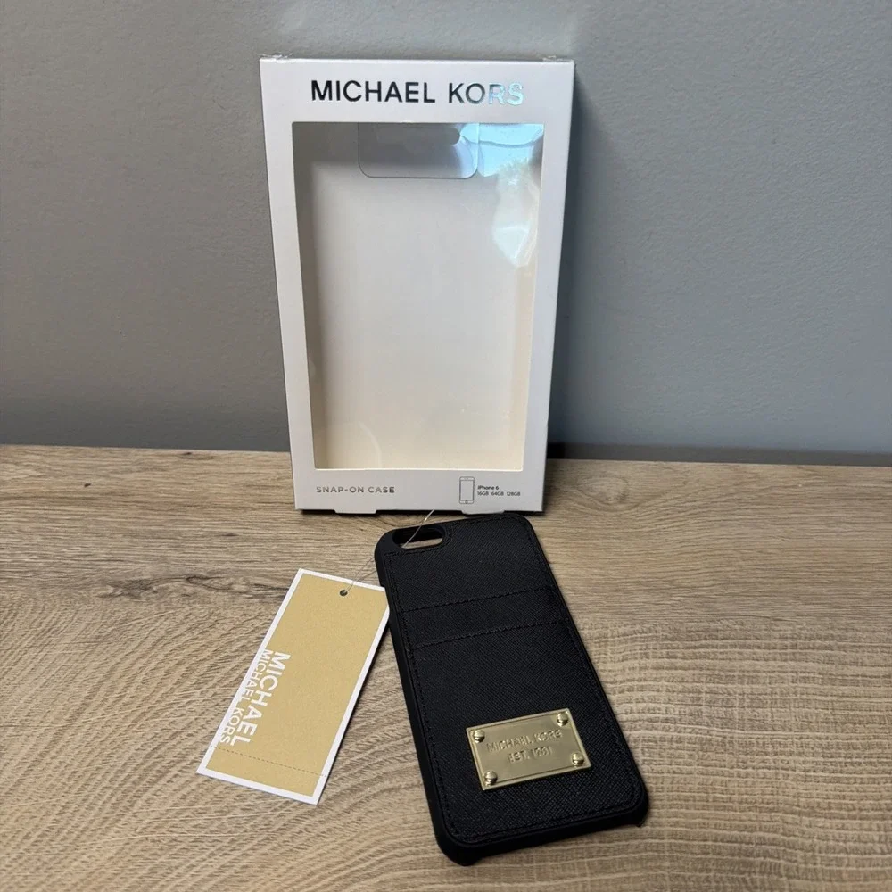 Michael Kors iPhone 6 Case Black Saffiano Card Holder Gold Logo Wallet NWT Box